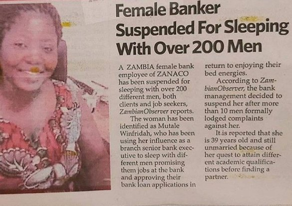 Zambian Female Banker Suspended for Allegedly Sleeping with Over 200 men While Promising them Jobs 