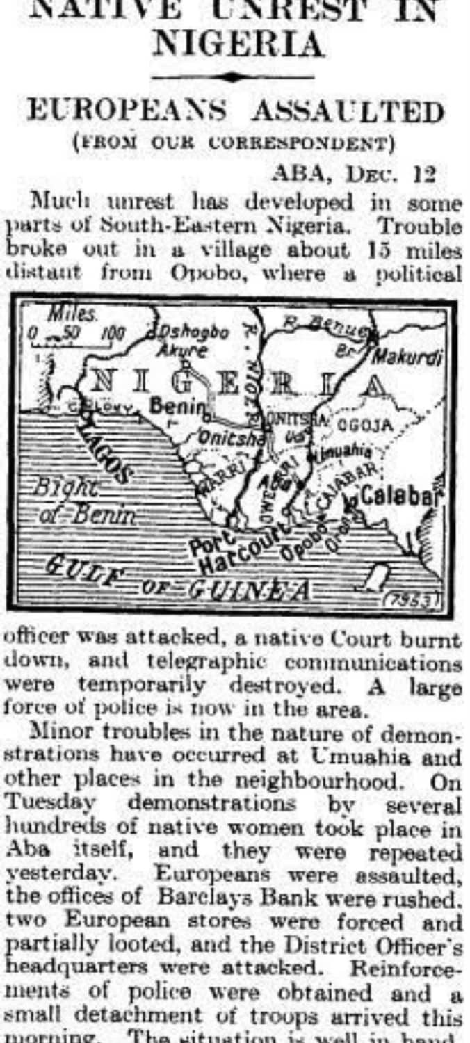 Newspaper article on the Aba Women's Riot of 1929